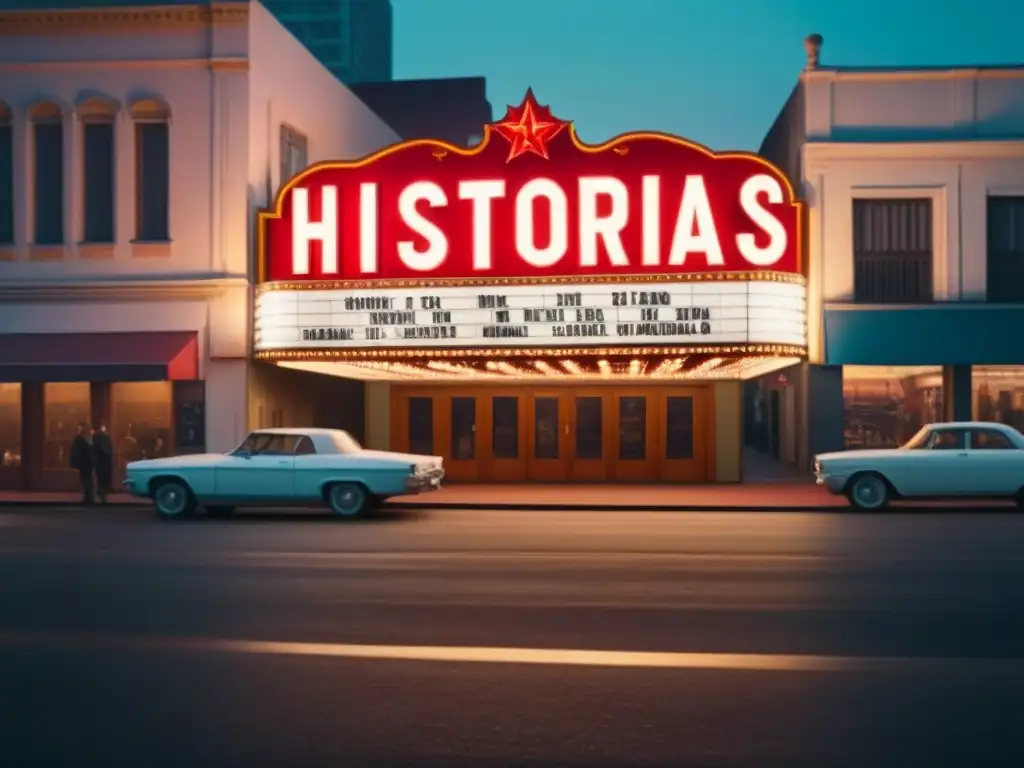 Un antiguo cine indie con el título 'Historias Únicas' iluminado en una concurrida calle al atardecer, evocando nostalgia y misterio