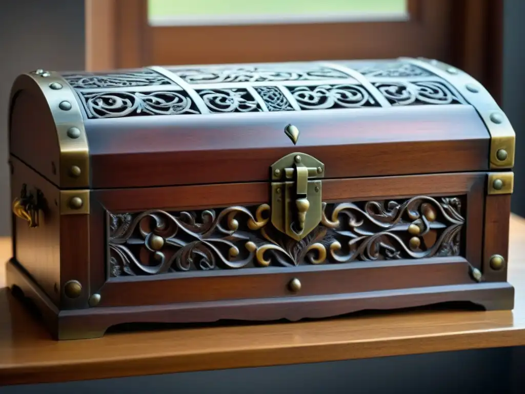 Un antiguo cofre de madera adornado con detalles ornamentados y acentos de latón, reposa sobre una mesa de roble