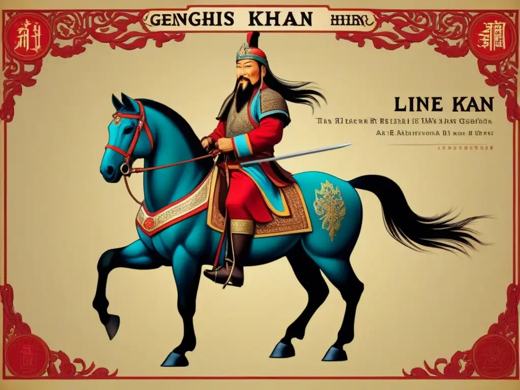 Un antiguo y detallado árbol genealógico del linaje de Genghis Khan, con caligrafía ornamental y colores vibrantes que representan ramas familiares