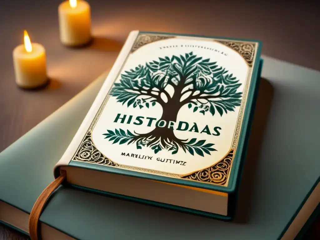 Un antiguo y detallado diseño de portada de libro con un árbol genealógico entrelazado, evocando herencia y elegancia atemporal