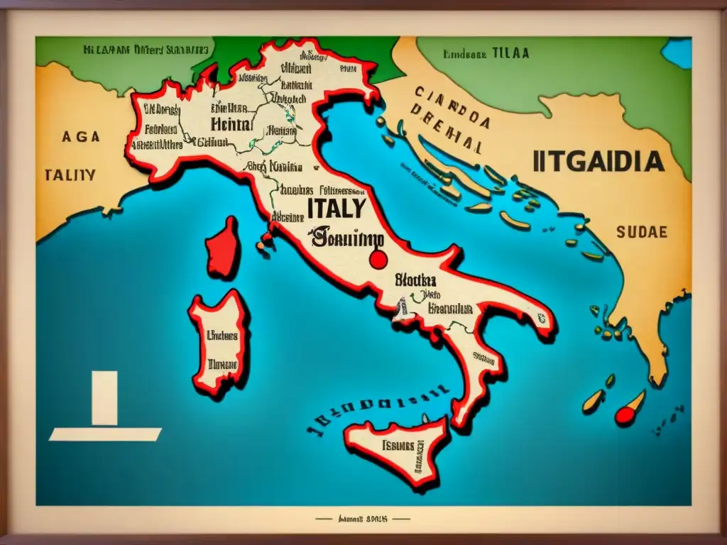 Un antiguo y detallado mapa de Italia con caligrafía y desgaste histórico, ideal para historia apellidos italianos genealogía