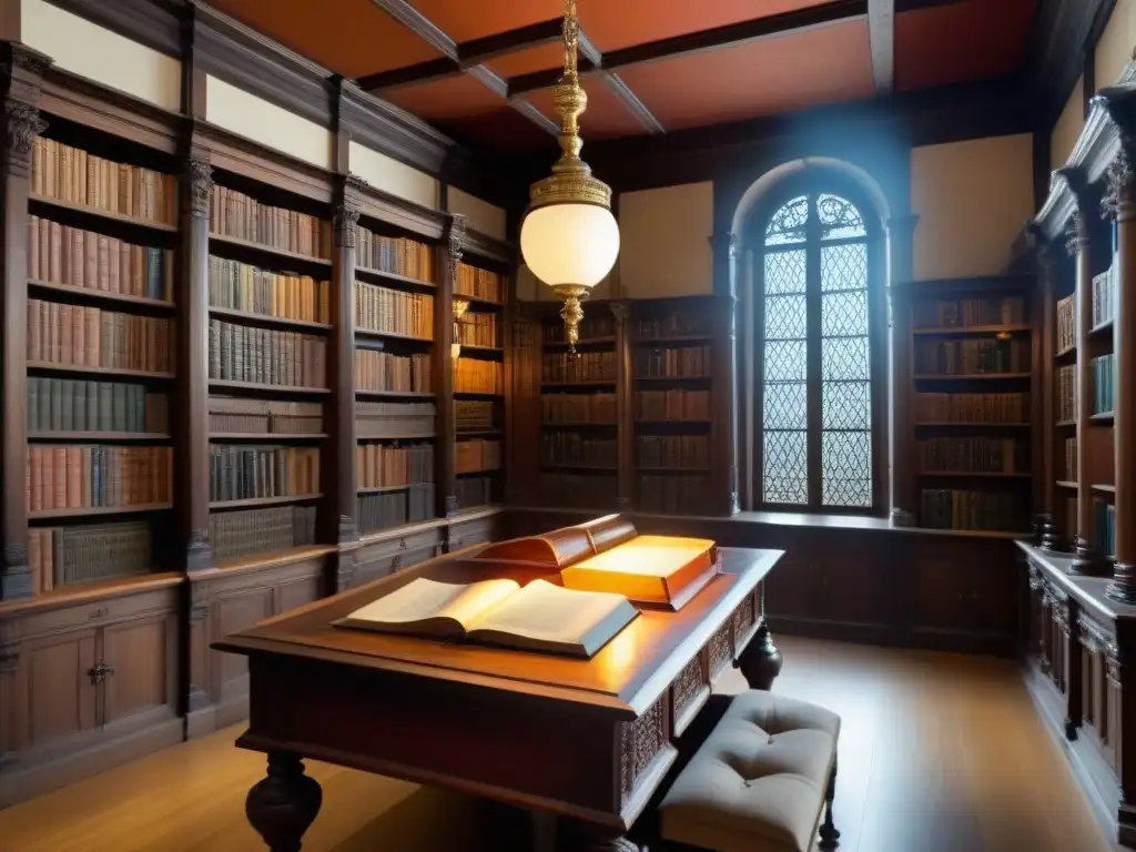 Un antiguo y detallado retrato de una biblioteca, con estanterías de madera y libros polvorientos