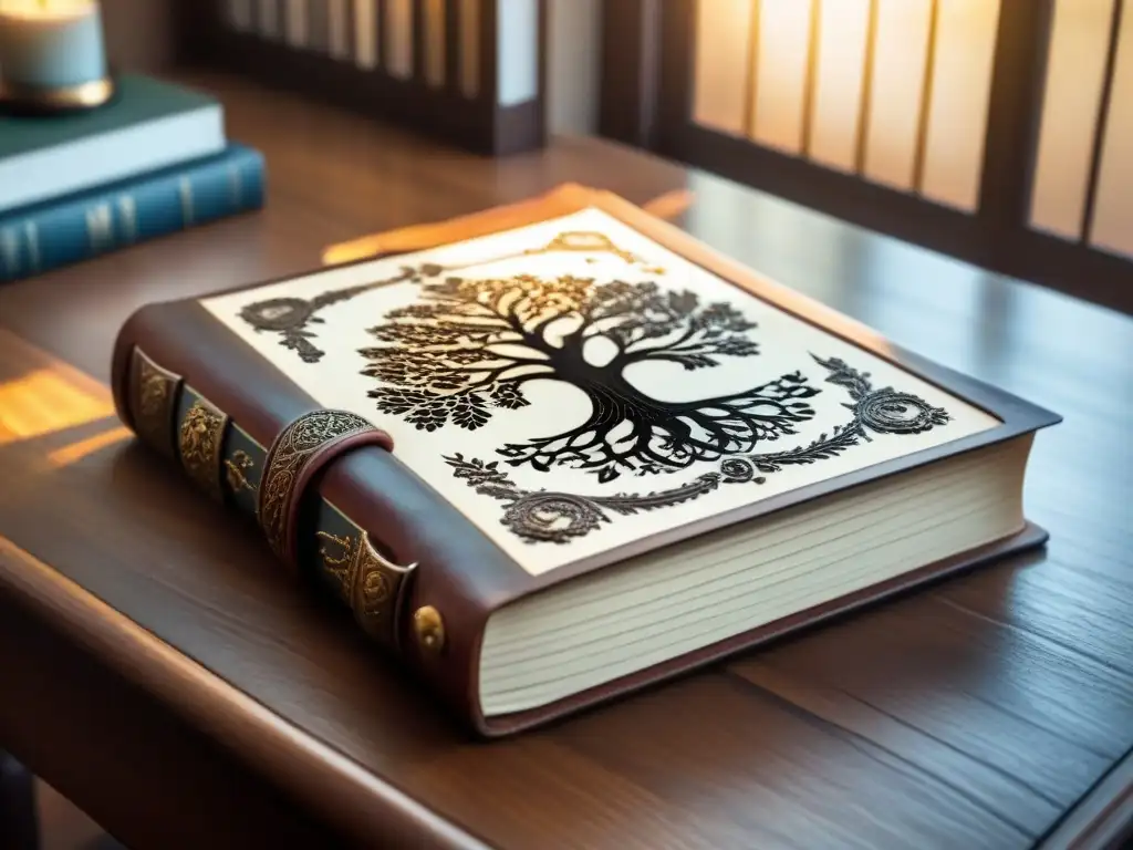 Antiguo diario familiar: historia y tradición en páginas sepia Un antiguo diario de cuero abierto en un escritorio de madera, con notas manuscritas detallando un árbol genealógico y fotos sepia