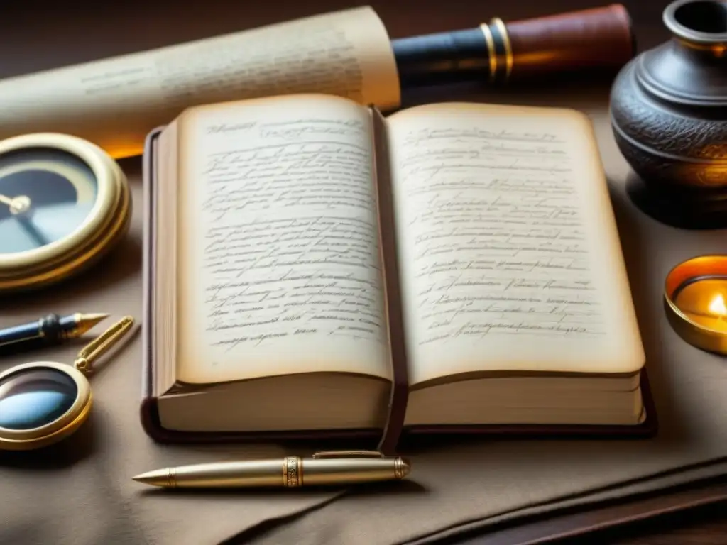 Antiguo diario de cuero con árbol genealógico y objetos vintage Un antiguo diario de cuero con detalles dorados, rodeado de plumas, una lupa y fotos sepia de ancestros