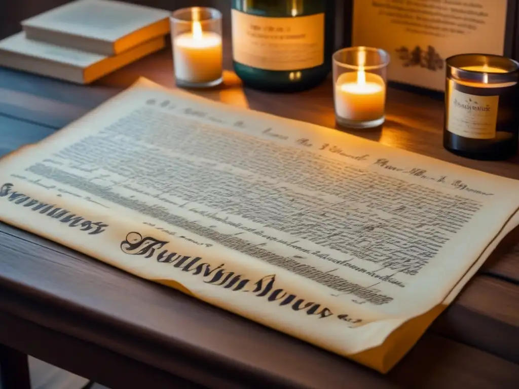 Antiguo pergamino iluminado: evolución de apellidos Antiguo documento con caligrafía detallada sobre orígenes y evolución de apellidos, iluminado por vela