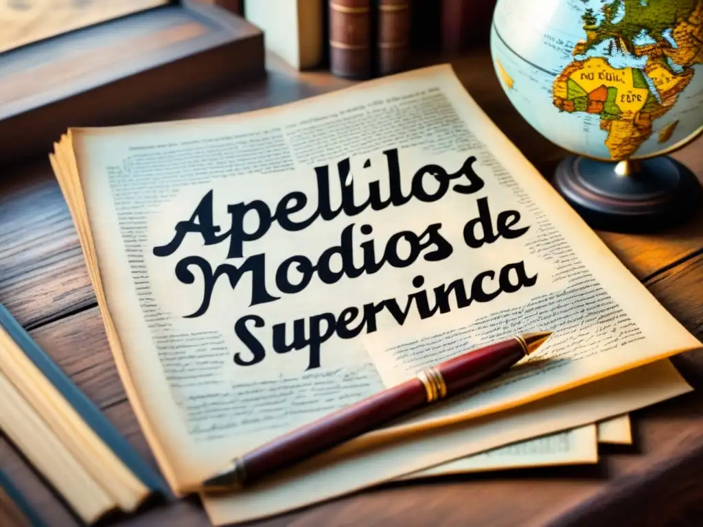 Antiguo documento con título 'Apellidos Modificados por Razones de Supervivencia' rodeado de plumas, globo terráqueo y mapas europeos en escritorio de madera envejecida