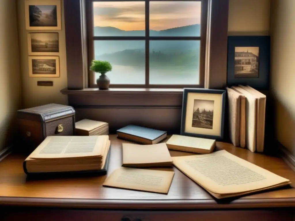 Un antiguo escritorio de madera atiborrado de fotografías, cartas y documentos familiares en tonos sepia