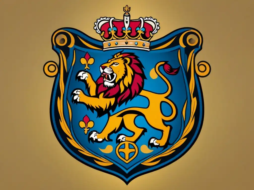 Un antiguo escudo de armas detallado con leones, castillos, flor de lis y un águila majestuosa, simbolizando fuerza, poder e herencia