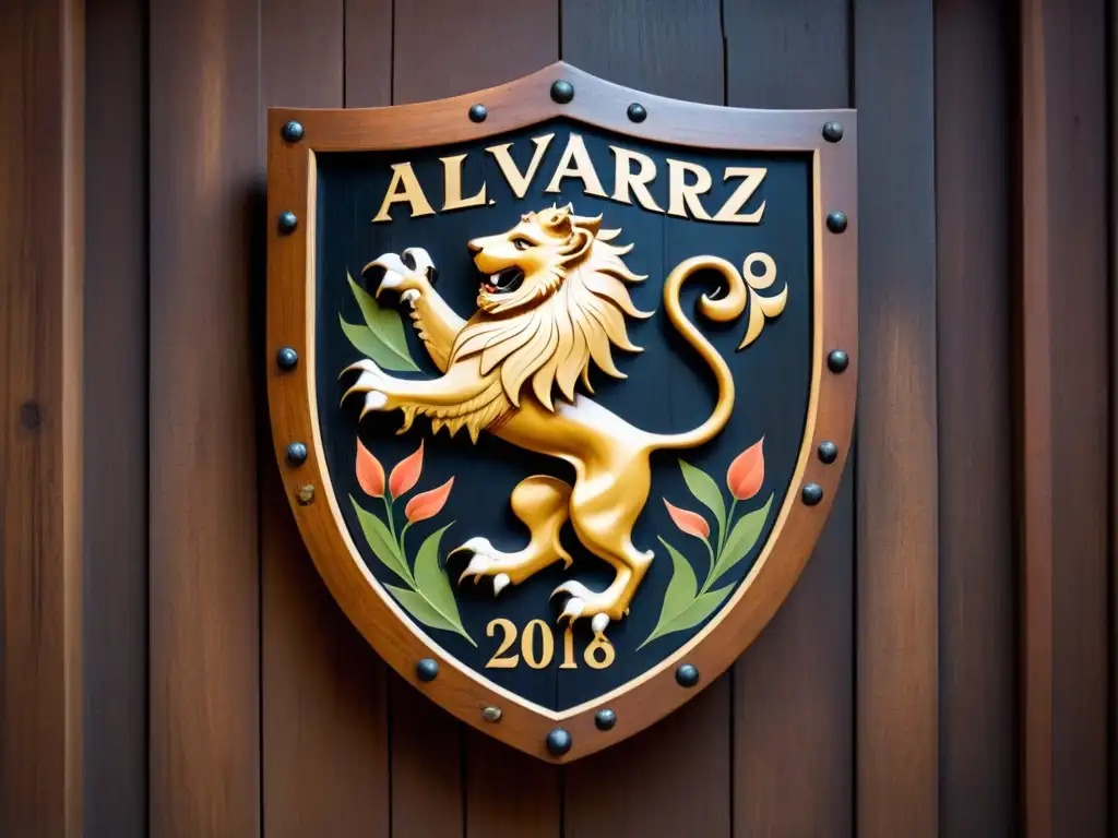 Antiguo escudo de la familia Álvarez con un león rampante en el centro rodeado de motivos florales y una inscripción en latín