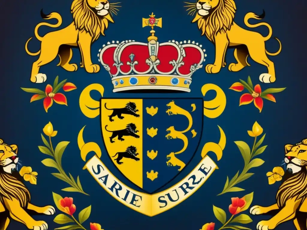 Antiguo escudo de la familia Suárez con leones, castillos y símbolos heráldicos, rodeado de patrones florales