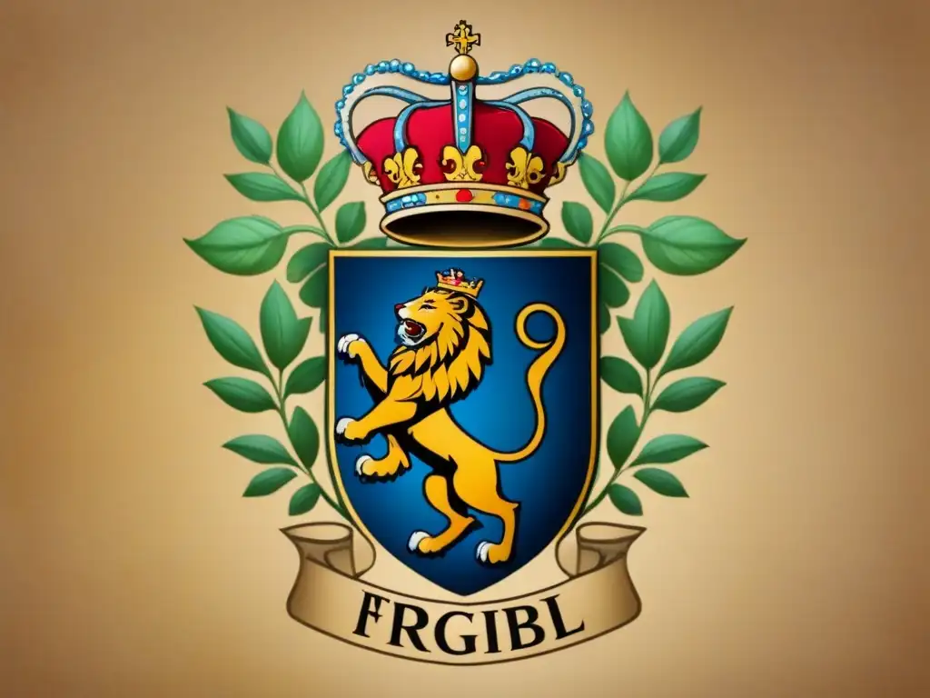 Un antiguo escudo familiar con detalles ornamentados de vides entrelazadas, leones reales y una corona majestuosa, simbolizando la noble historia de apellidos nobiliarios y linajes olvidados, sobre un pergamino envejecido