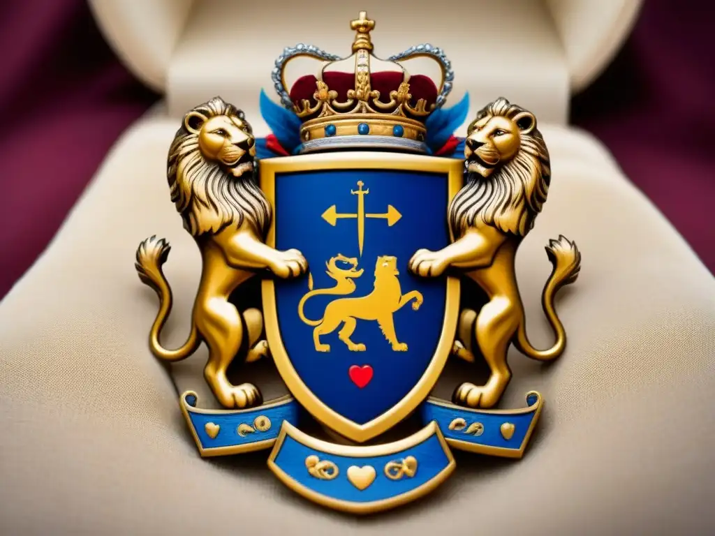 Un antiguo escudo familiar con detalles elaborados y diseños intrincados, simbolizando amor, honor y valor