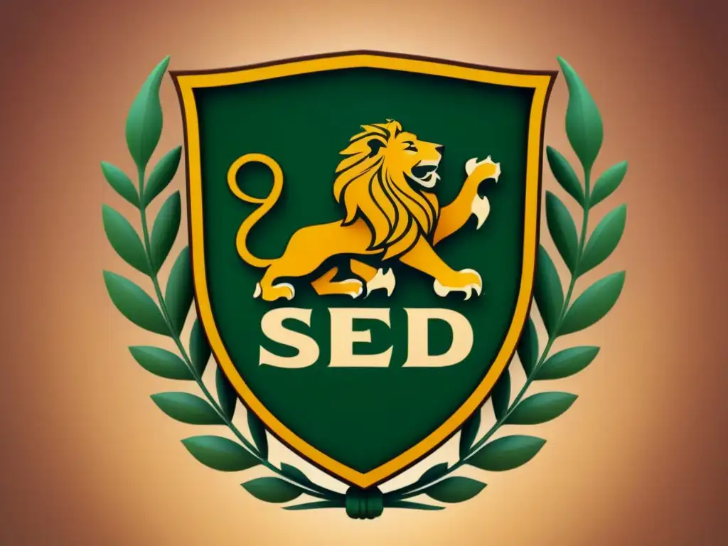 Escudo familiar vintage con diseño de roble, león y escudo en tonos tierra Un antiguo escudo familiar con diseño detallado de hojas de roble, un león y un blasón, en tonos terrosos y dorados