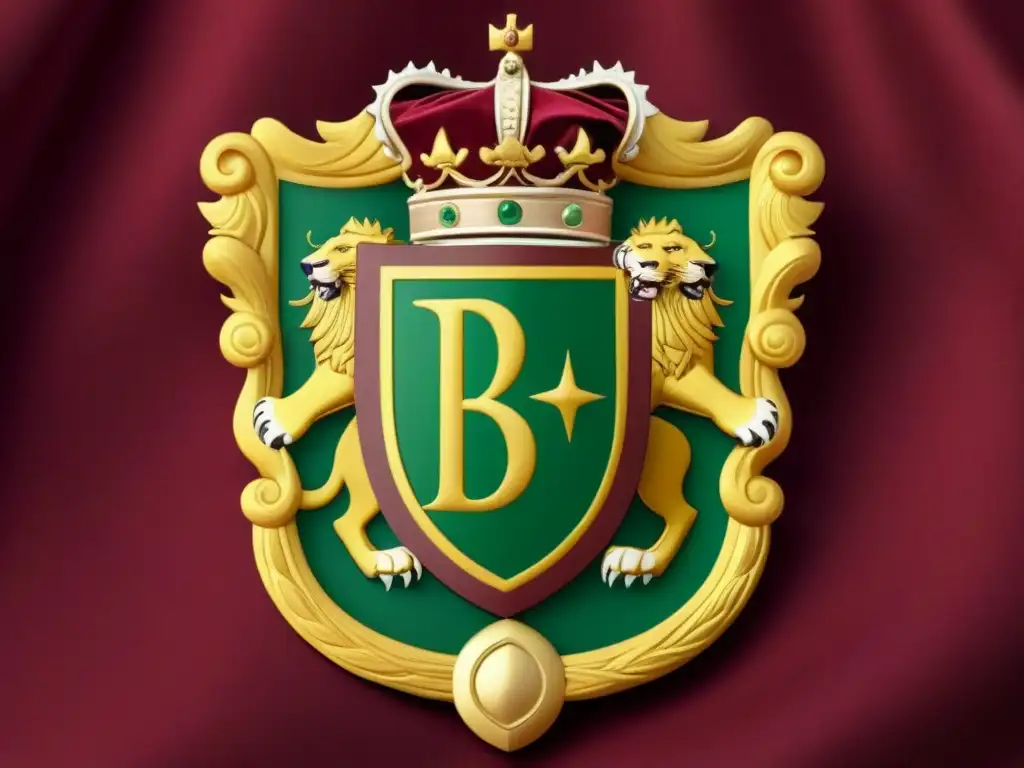 Un antiguo escudo familiar con la letra 'B' rodeada de detalles intrincados y símbolos heráldicos, en tonos de borgoña, oro y verde esmeralda