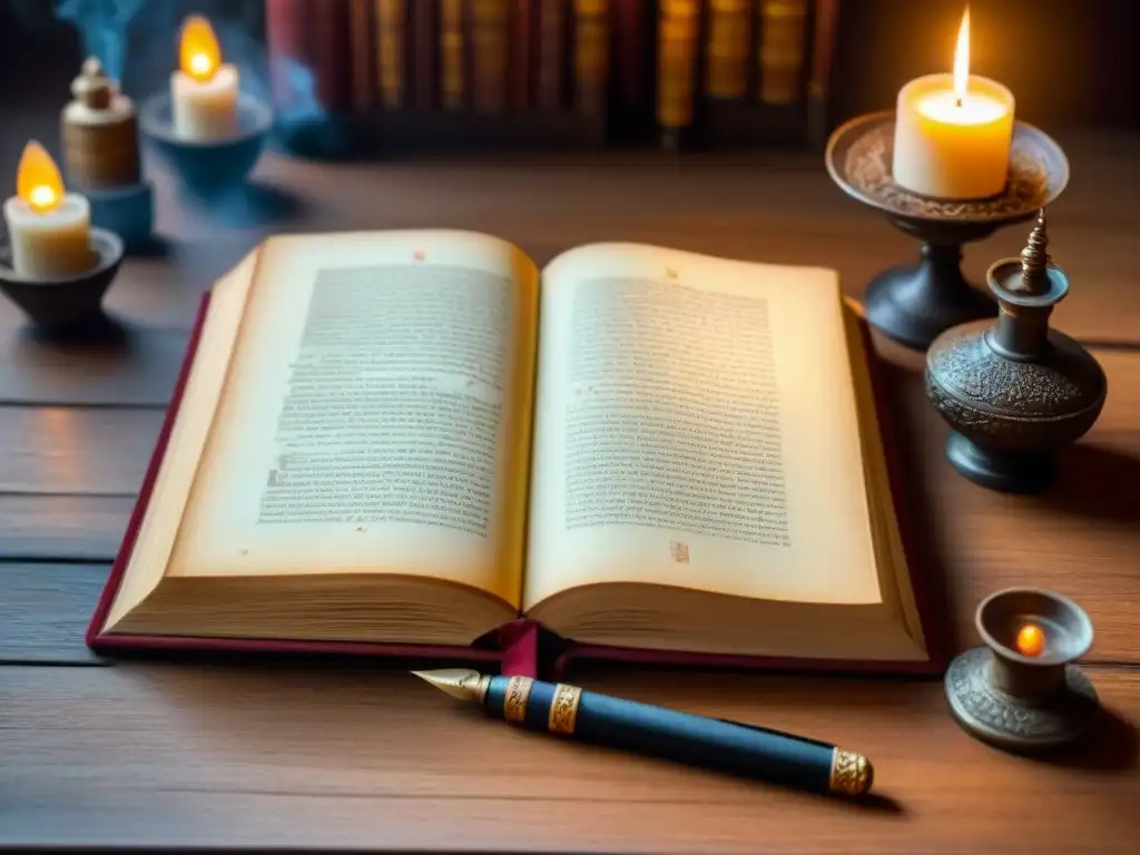 Antiguo libro con apellidos renacentistas, plumas y pergamino, iluminado por luz de vela