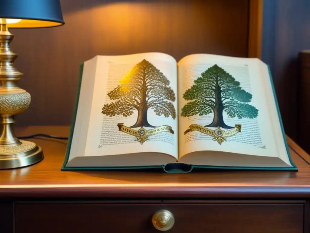 Un antiguo libro de árbol genealógico en un escritorio de madera pulida bajo la cálida luz de una lámpara de escritorio de latón