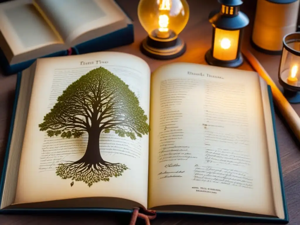 Un antiguo libro de árbol genealógico de cuero, con nombres escritos a mano y conexiones familiares, iluminado por una suave luz de lámpara