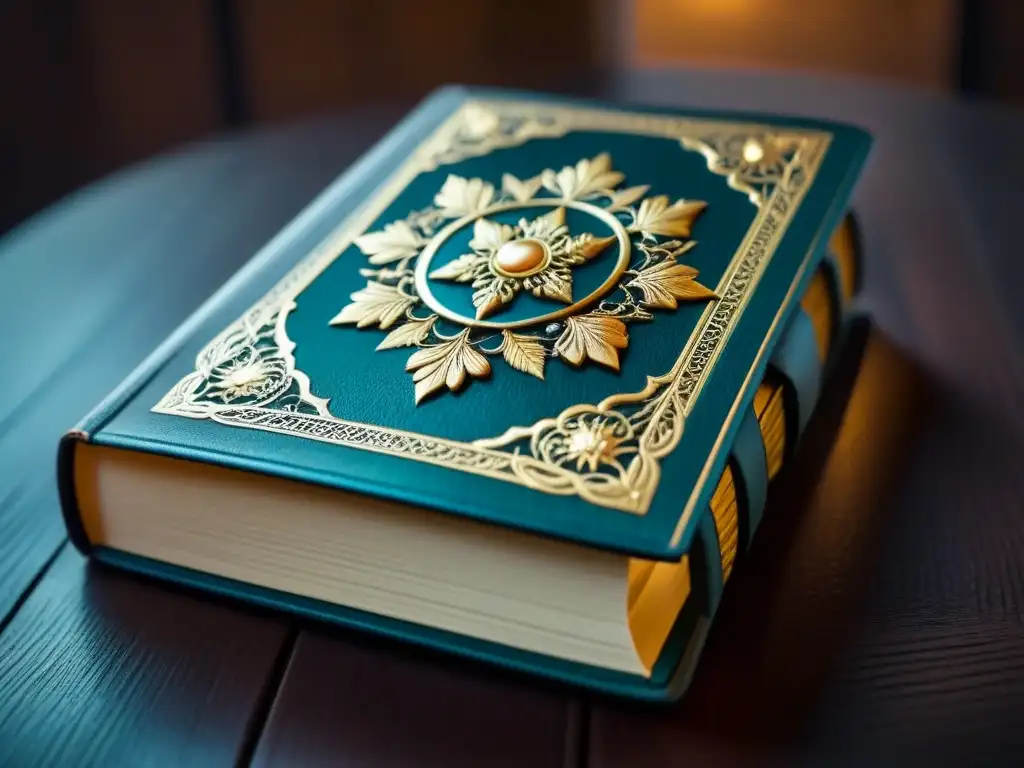 Antiguo libro de cuero con diseños dorados, reposando en una mesa de madera oscura, iluminado por una luz cálida