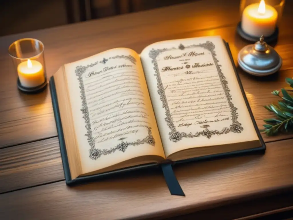 Antiguo libro de registros eclesiásticos ciclo de vida con caligrafía detallada y luz de vela, en una iglesia del siglo XVIII