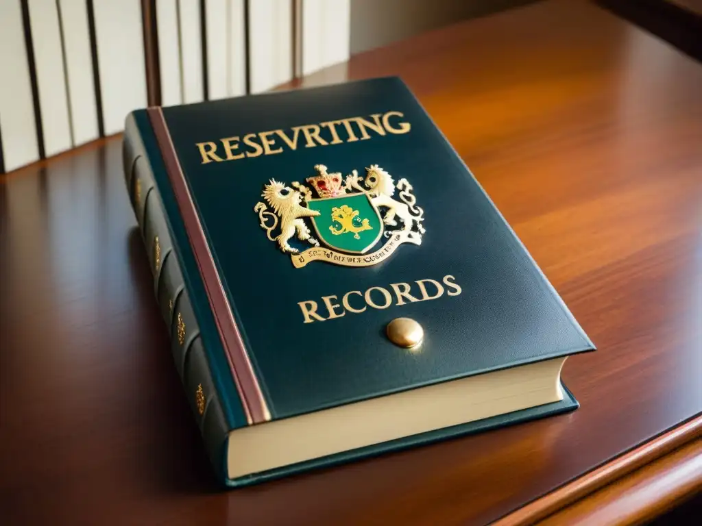 Antiguo libro de registros genealógicos no digitales en mesa de madera pulida, con detalles dorados y caligrafía elegante