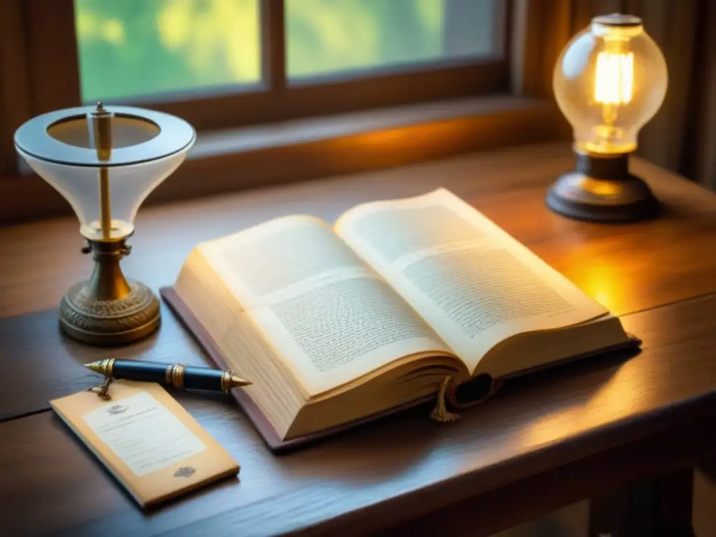 Registro parroquial vintage: genealogía en detalle Antiguo libro de registros parroquiales con caligrafía delicada y páginas amarillentas, iluminado por una lámpara de escritorio antigua