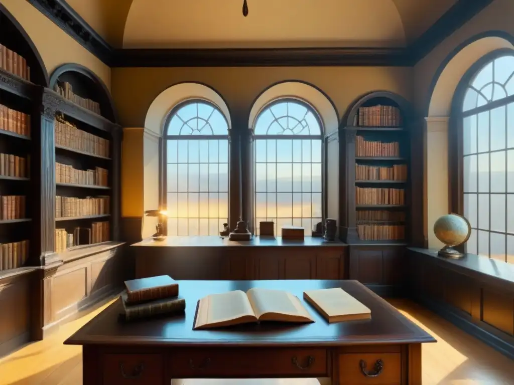 Un antiguo y majestuoso salón lleno de libros polvorientos, muebles de madera y luz cálida