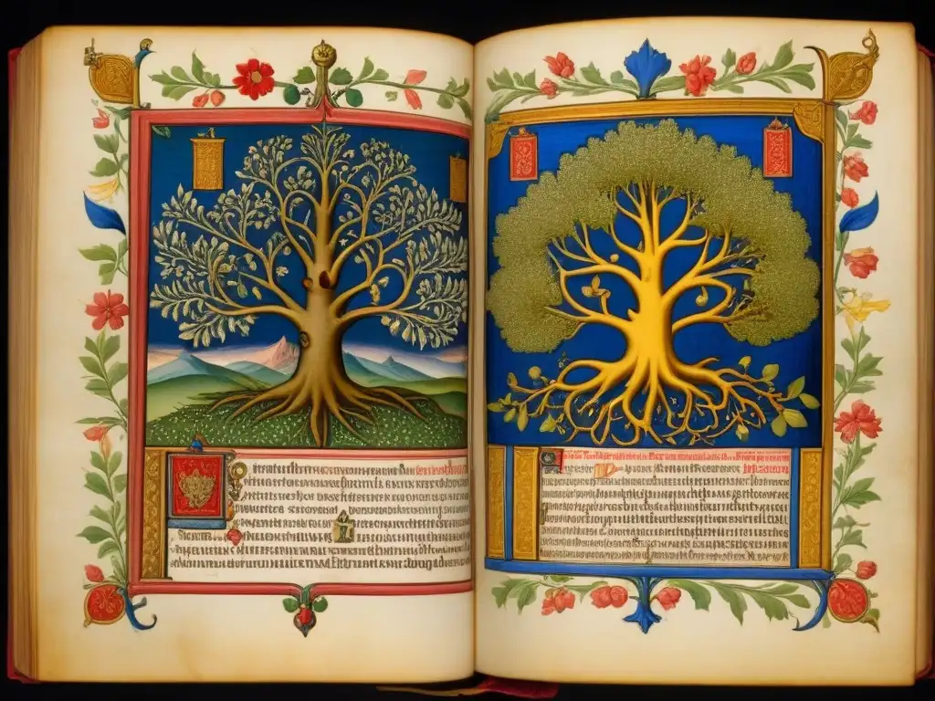 Antiguo manuscrito iluminado del siglo XV con árbol genealógico de familias nobles