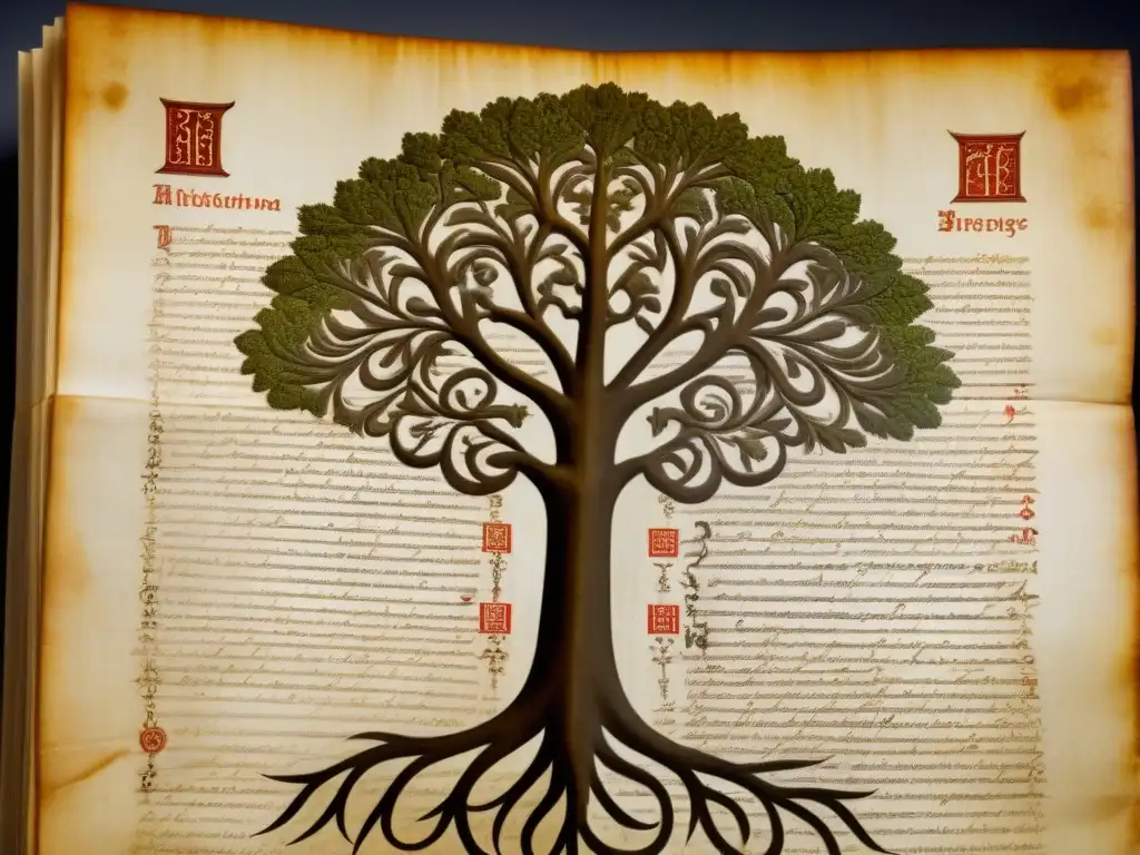 Un antiguo manuscrito en pergamino con árbol genealógico medieval detallado y caligrafía en tinta desgastada