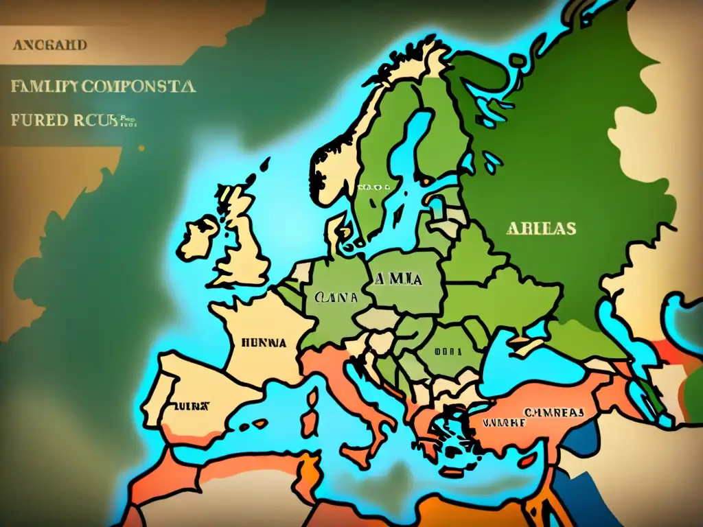 Antiguo mapa de Europa con árboles genealógicos entrelazados, historia de apellidos y genealogía