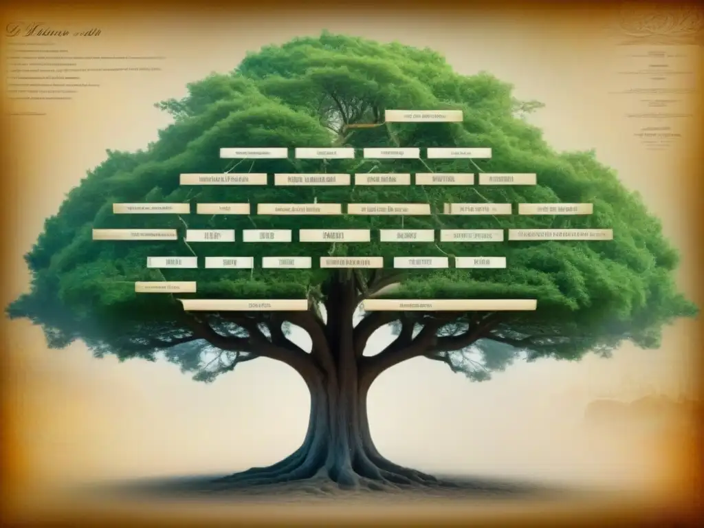 Un antiguo mapa de árboles genealógicos digitales entrelazados, con conexiones inesperadas