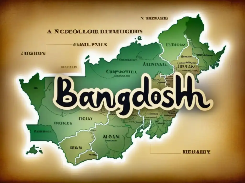 Un antiguo mapa de Bangladés con detalles intrincados de las regiones y caligrafía resaltando la historia de apellidos y su evolución