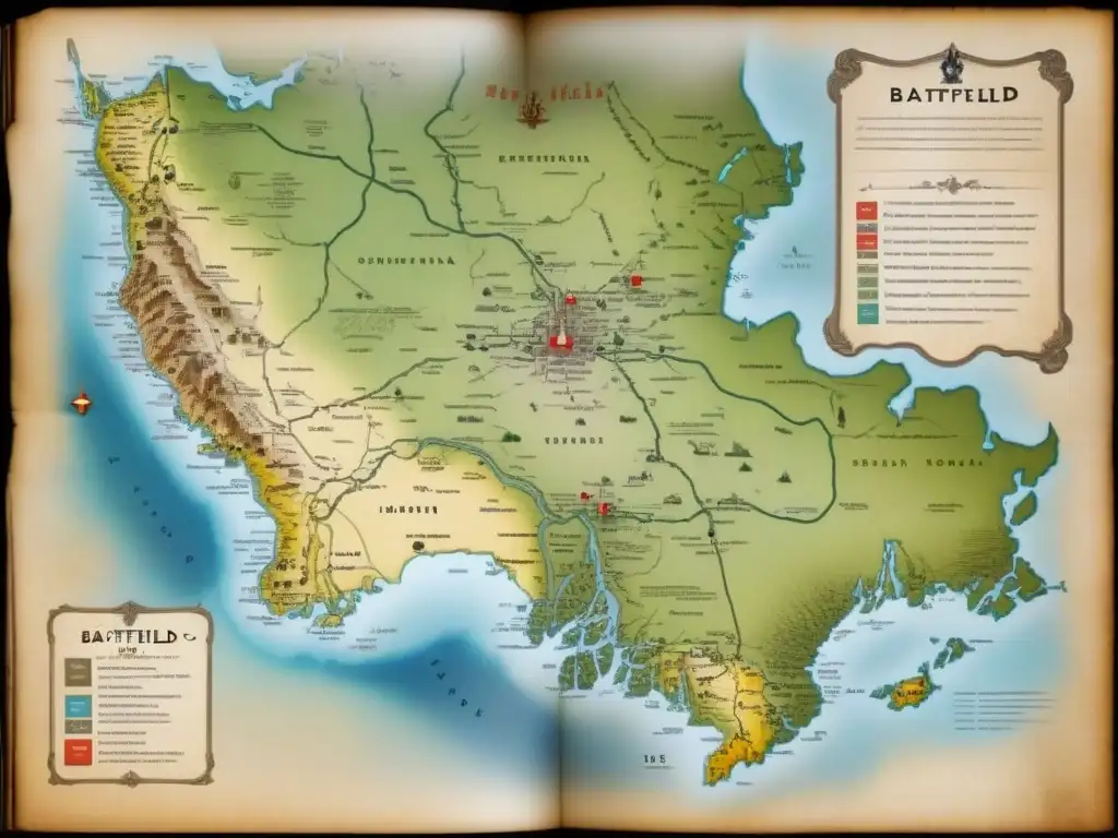 Antiguo mapa de batalla con detalles de tropas y posiciones estratégicas, señales desgastadas y notas manuscritas en cursive