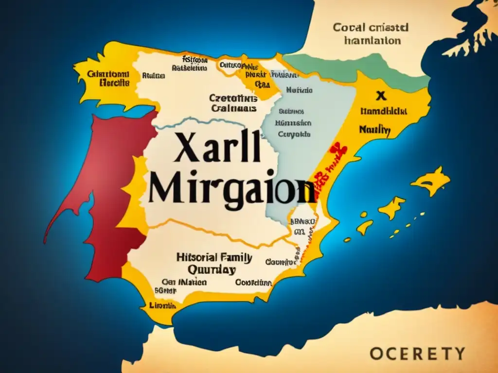 Un antiguo mapa de España con caligrafía detallada trazando las rutas genealógicas de apellidos que empiezan con la letra 'X', superpuesto con escudos familiares desvanecidos y monumentos históricos