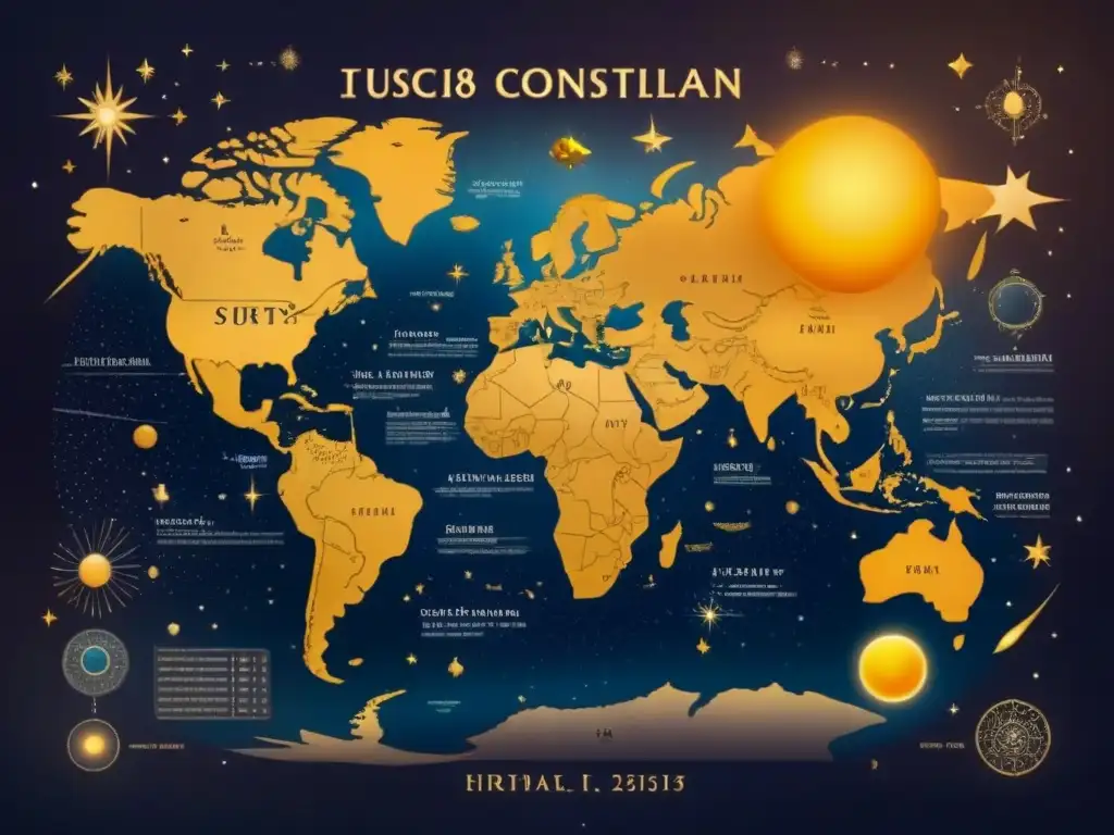 Un antiguo mapa celestial detallado con constelaciones y signos del zodíaco, apellidos inspirados fenómenos celestiales en tonos tierra y toques dorados