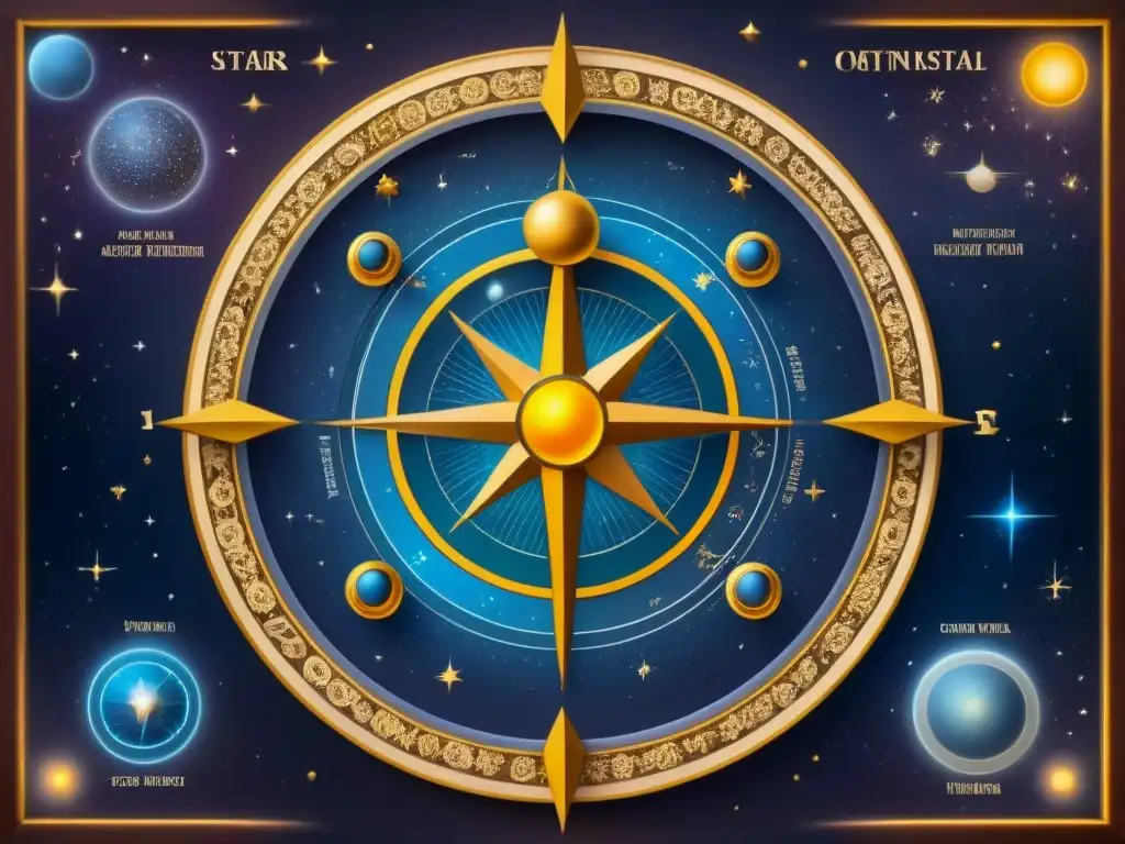 Un antiguo mapa celestial detallado con alineación de estrellas y planetas en un evento histórico, con símbolos astrológicos y escudos de familias