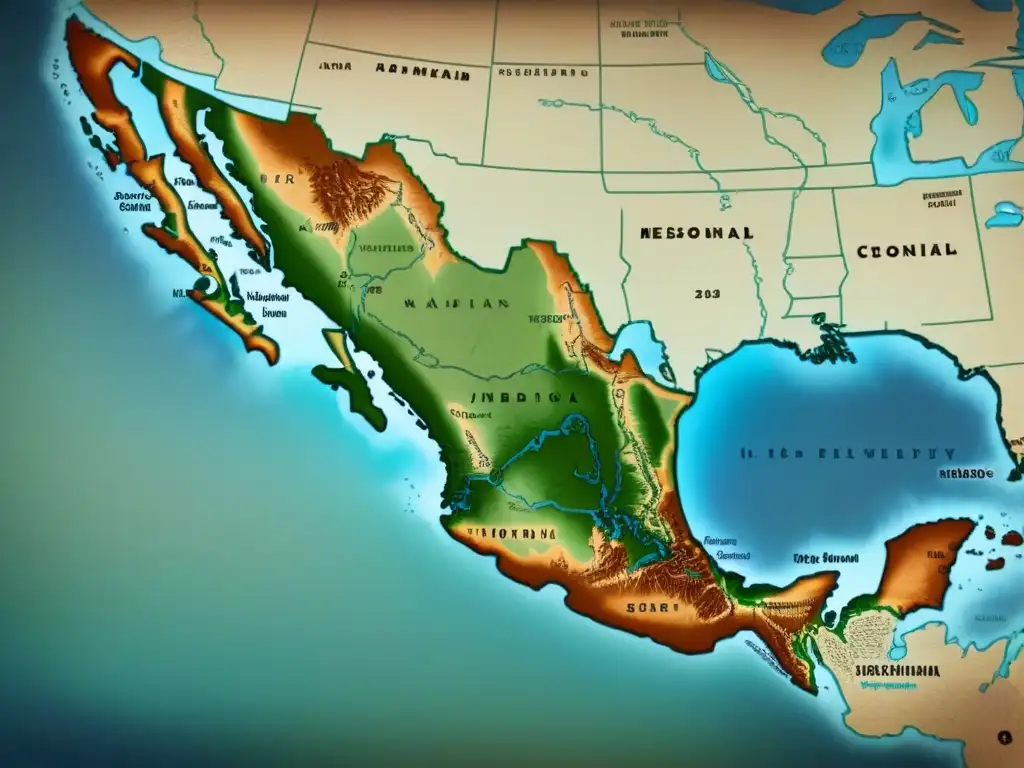 Antiguo mapa colonial detallado de Mesoamérica con asentamientos indígenas y ciudades coloniales, en tonos terrosos y textura de pergamino envejecido