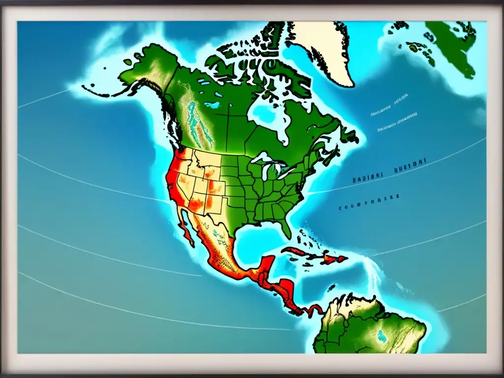 Un antiguo mapa detallado de las Américas con fronteras intrincadas y colores desvanecidos