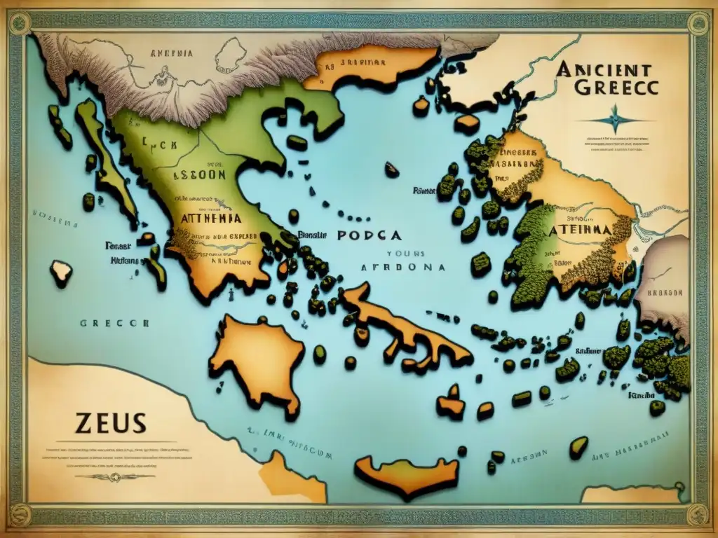 Antiguo mapa detallado de la antigua Grecia con figuras mitológicas como Zeus, Atenea y Poseidón, evocando sabiduría ancestral