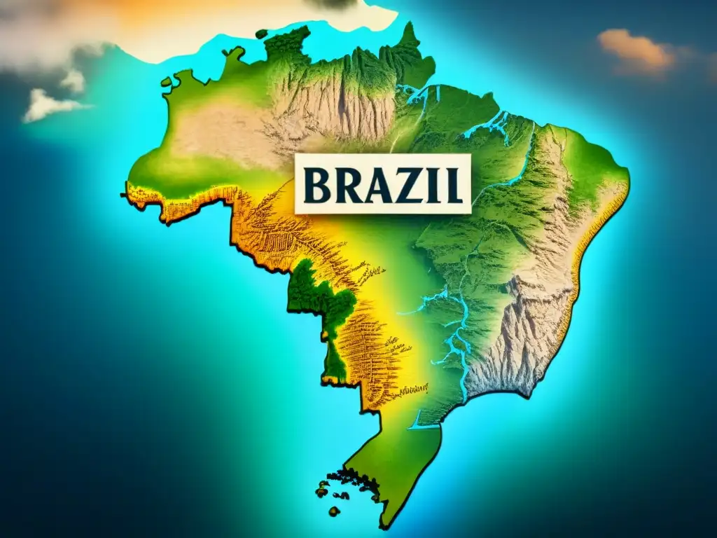 Un antiguo mapa detallado de Brasil resaltando la evolución de apellidos brasileños a lo largo del tiempo