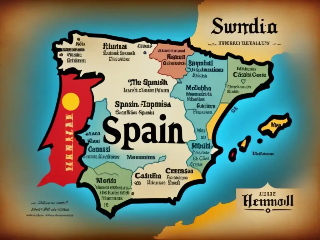 Un antiguo mapa detallado de España muestra la evolución de apellidos españoles a lo largo de los siglos, con castillos medievales y escudos de armas