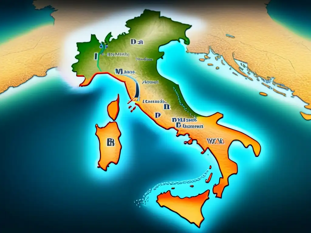 Un antiguo mapa de Italia detallado con apellidos italianos, evocando la evolución histórica