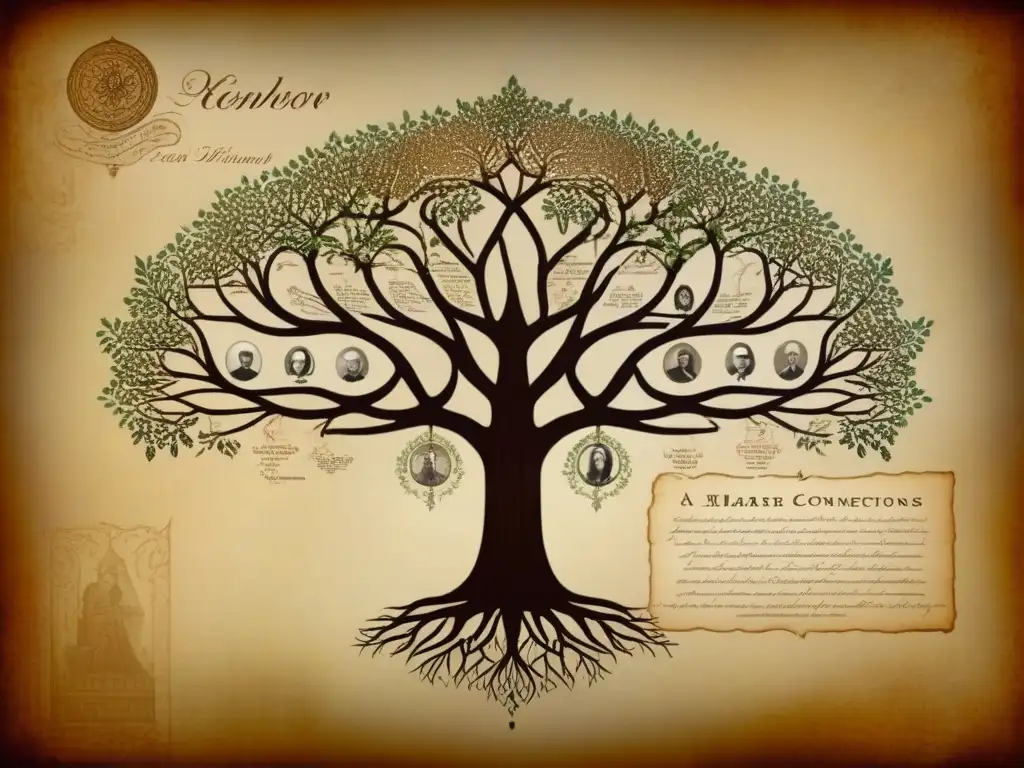 Un antiguo mapa detallado de árbol genealógico con conexiones familiares, símbolos y retratos antiguos