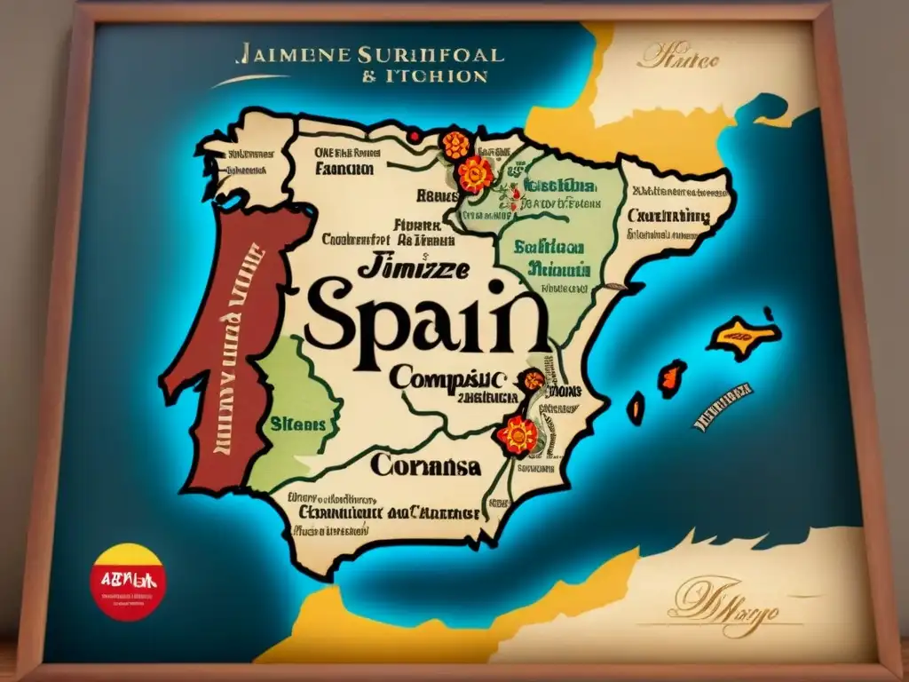 Antiguo mapa detallado de España con caligrafía y territorios históricos del apellido Jiménez