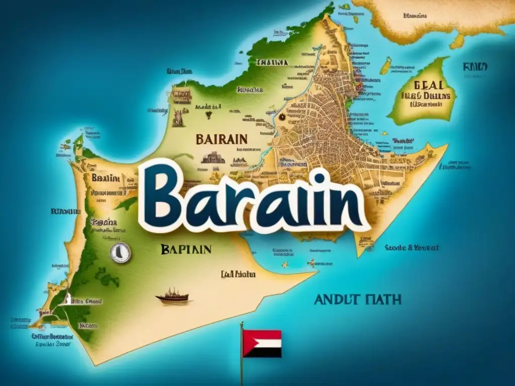 Un antiguo mapa detallado de Bahréin con caligrafía de apellidos locales entrelazados con monumentos históricos como el Fuerte de Bahréin y el Zoco de Manama, sobre un fondo de manuscritos antiguos y motivos tradicionales que simbolizan la unidad y herencia b