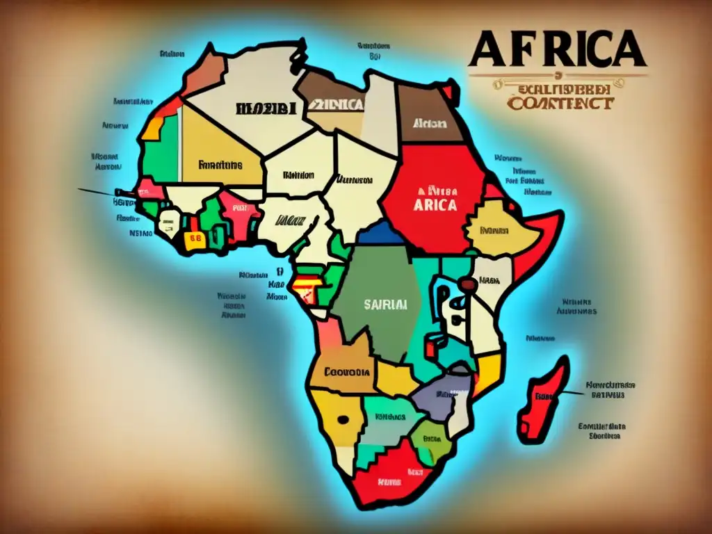 Un antiguo mapa detallado de África con caligrafía destacando la Historia de apellidos en África, en tonos sepia y símbolos ancestrales