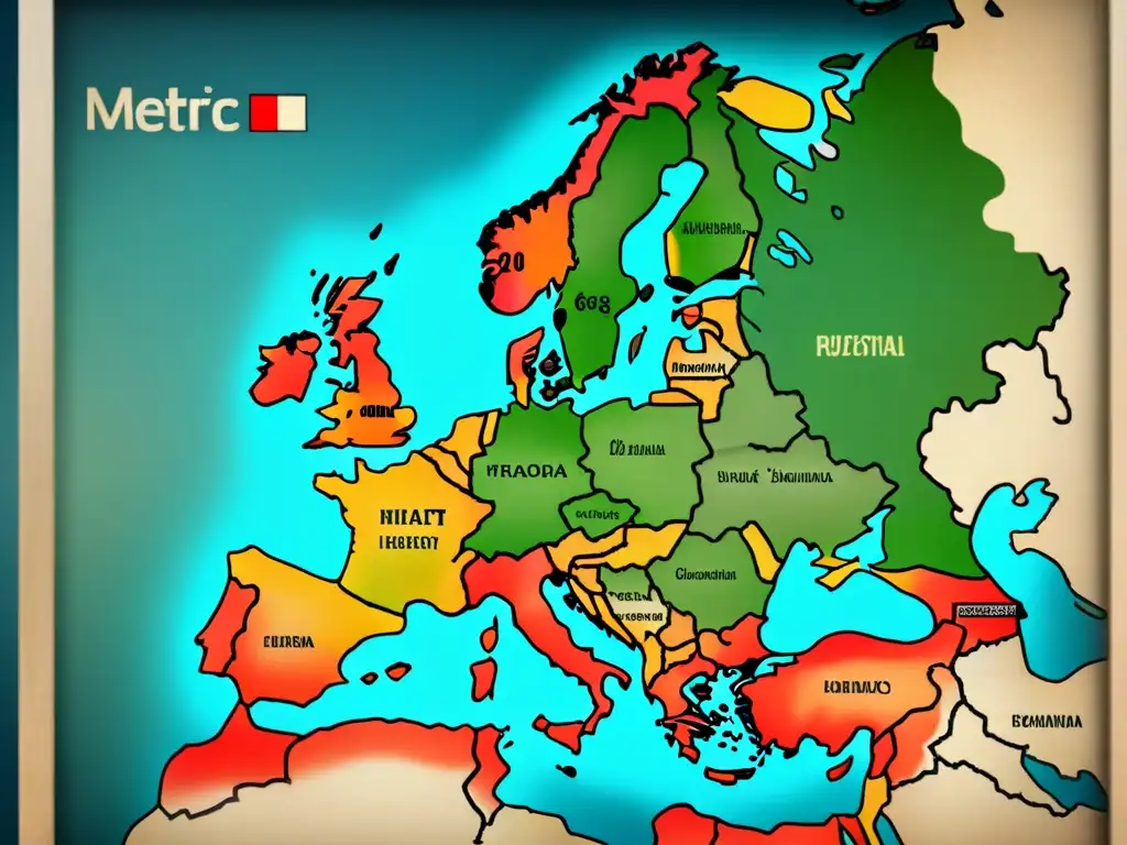 Un antiguo mapa detallado de Europa con colores desgastados y fronteras delicadas