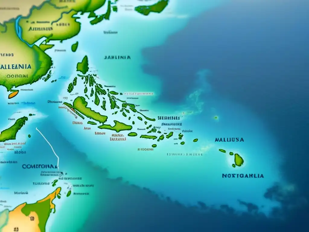 Un antiguo mapa detallado que muestra las conexiones entre islas y continentes en Oceanía, con tonos azules y verdes, destacando rutas y migraciones