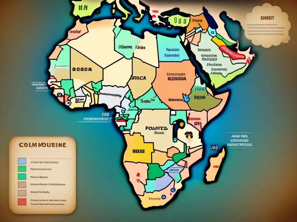 Un antiguo mapa detallado de la diáspora africana, con tonos sepia y símbolos africanos, evocando historia y apellidos diáspora africana