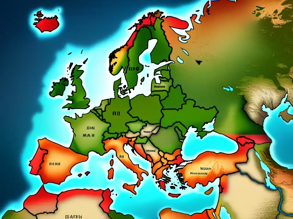 Un antiguo mapa detallado de Europa muestra la distribución de apellidos europeos tras guerras históricas