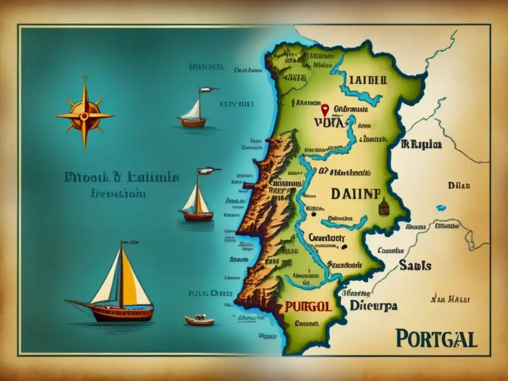 Un antiguo mapa detallado de Portugal durante la Era de los Descubrimientos, con elegante caligrafía y barcos de navegación